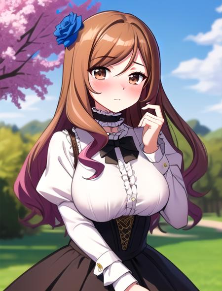 best quality, masterpiece, highres, detailed, digital artwork, <lora:Detail - add_detail:0.2>, QuelleSellier, two-tone hair, brown hair, purple hair, brown eyes, head flower, formal dress, white shirt, puffy sleeves, bowtie, black skirt, frilled choker, blush, upper body, large breasts, <lora:Character - QuelleSellier:0.6>, camp