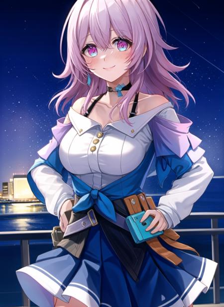 1girl, bangs, bare shoulders,gradient eyes, pink eyes,aqua eyes, blush, breasts, choker, collarbone, garter straps, hair between eyes, jacket, jewelry, long sleeves,  medium breasts, off shoulder, open jacket, pink hair, pleated skirt, shirt, skirt, solo, (walking), white shirt ,outdoors,night,dstarry night,full moon,light smile,outdoors,park,hands on hips,(good hands)