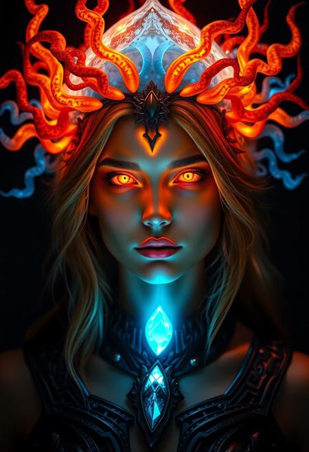 This image is a portrait of a goddess-like figure with glowing golden-orange eyes, emitting soft flames. Her headdress combines organic and elemental motifs, featuring a bioluminescent blue jellyfish-like crown, and fiery orange-yellow tendrils resembling phoenix feathers, representing a balance of fire and ice. Her hair blends into the headdress, emphasizing fluidity. 
Her clothing has dark metallic accents around her neck, with a glowing blue stone at her collar, and intricate patterns on her shoulders. The image uses contrasting lighting: warm tones from the fiery headdress and cooler blue-white light from the jellyfish crown, creating depth and enhancing her features. Shadows play across her face, enhancing the richness and texture of the materials.
The dark background contrasts with the glowing elements, highlighting the vibrant colors of orange, yellow, and blue, and focusing on her powerful, radiant presence. This description ensures the core visual details: glowing eyes, dual-element headdress, intricate clothing, and contrasting light.