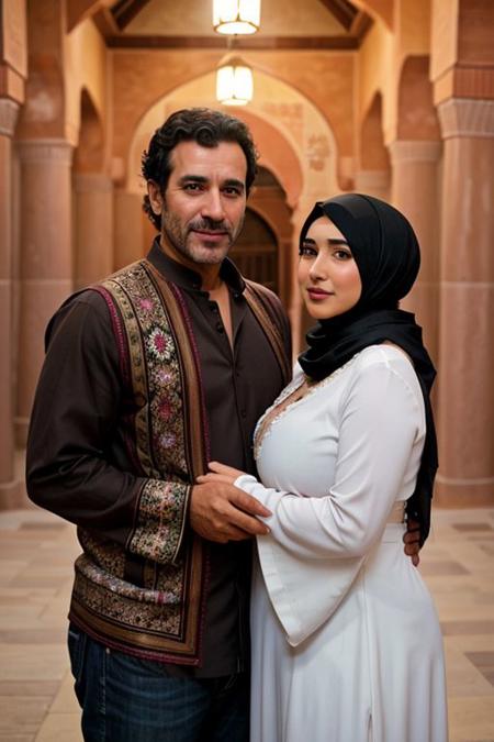 high quality, Moroccan style, traditional clothes, happiness, smile,  brown eyes, dark hair, 1male, dilf, rough looking, manly face, strong facial features, full beard, thick hair, short hair, hairy chest, hairy body, 1female, huge tits, big boobs, curvy body, big Cleavage, wide hips, thick hips, hijab, soft focus, soft light, 2characters, 2peoples, straight couple, couple