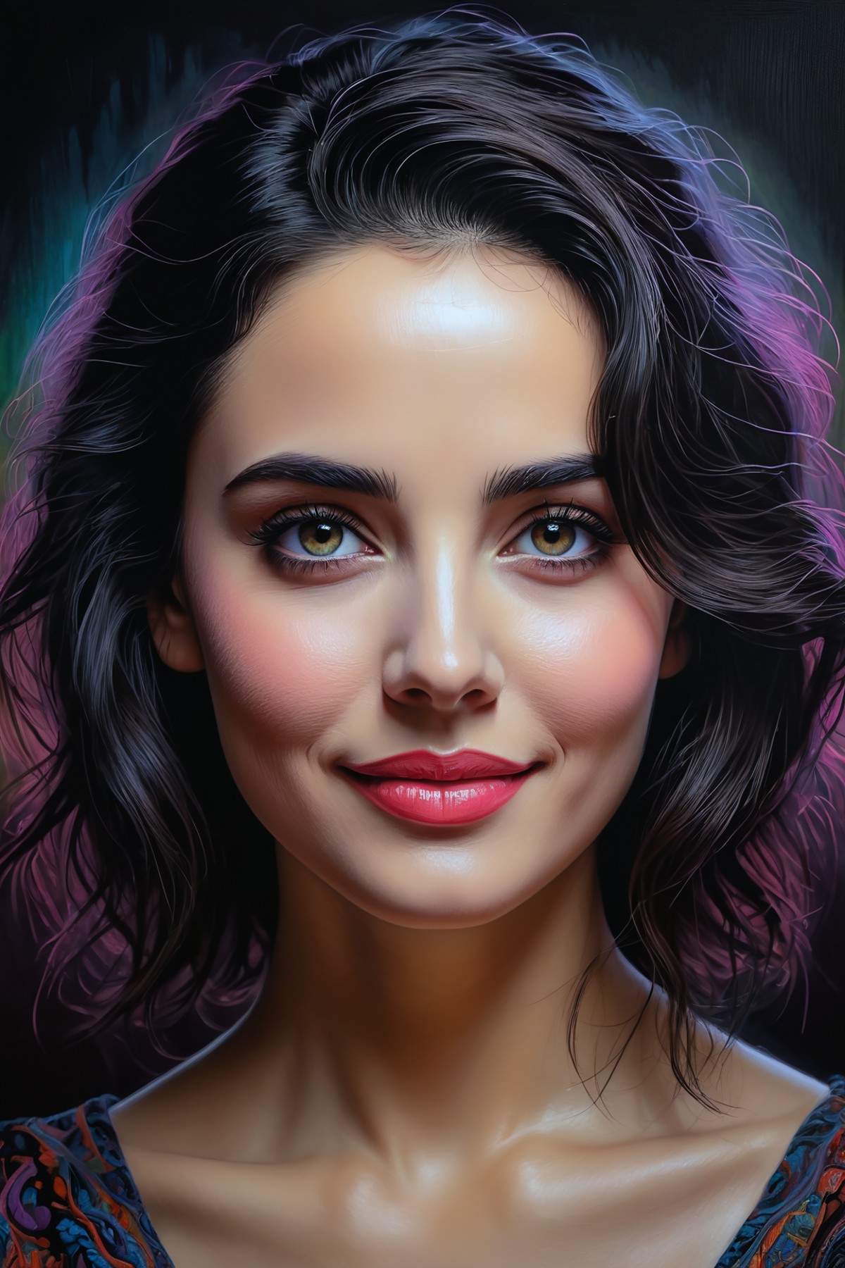 Pastelart, a pastel portrait in expressive style of a ripe attractive, dark hair, dark eyes, a wry smile,mysterious lady, ...