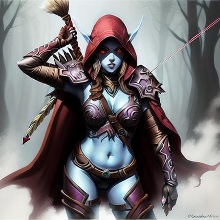 a full body painting of sylvanas windrunner crouching, girl archer, red eyes, female face  <lora:SylvanasWindrunner:0.5>