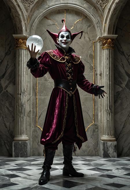A haunting, cinematic portrait of a jester with elongated limbs standing in a vast, dimly lit chamber of cracked marble and shadowy alcoves. The jester’s form is graceful and unnervingly tall, draped in a costume that merges royal decadence with worn surrealism—deep burgundy silks, gold filigree threads, and translucent panels that catch the sparse, cold light. His head tilts slightly, painted features frozen in a hollow grin. One hand gestures toward a floating glass orb, the other hangs limply at his side. Behind him, a void-like wall suggests endless space, and the soft atmosphere glows with a chilling haze. The image exudes psychological tension and mythic ambiguity, rendered with hyperreal skin textures, meticulously balanced shadows, and surreal compositional framing that isolates the figure in an unsettling moment of timeless introspection.