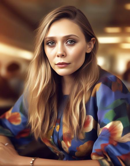 ElizabethOlsen, (art by Martiros Saryan:1.1) ,art by Vivienne Tam, photograph, Resonant Sami Female, background is Impressive cafeteria, equirectangular 360, Princecore, rim light, film grain, Nikon d850, F/8, Bright design, hyperdetailed, 8K,  <lora:ElizabethOlsenSDXL:1>