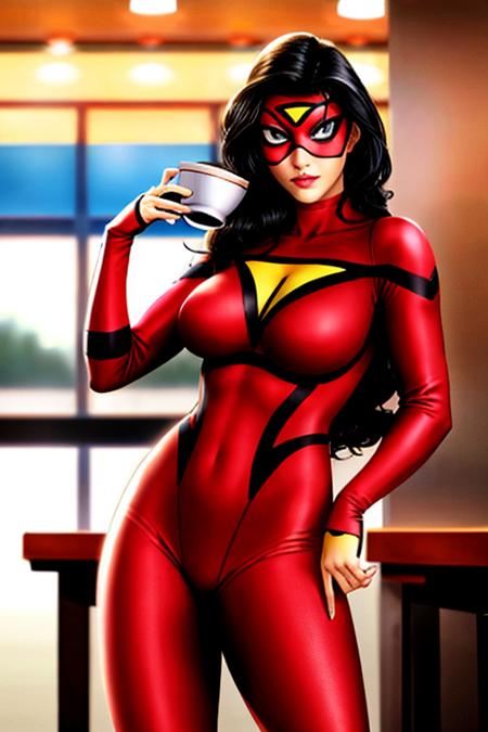 sw_jessicadrew standing in starbucks with a cup of coffee, red and yellow superhero costume, black hair, long hair, underarm webbing, red mask with white lenses and a yellow triangle on the forehead, photorealistic, highly detailed, high resolution, best quality, highres, (detailed eyes:1.4), (detailed face:1.2), colorful, vivid color <lora:Spider-Woman (Jessica Drew) LoRA v2 (AOM2):0.5>