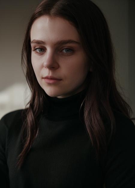 A stunning intricate full color portrait of (mwht woman:1.0)wearing a black turtleneck, epic character composition, by ilya kuvshinov, alessio albi, nina masic, sharp focus, natural lighting, subsurface scattering, f2, 35mm, film grain,  <lora:MaeWhitmanDogu:1>