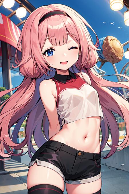 masterpiece, best quality, highres, aasango, long hair, black thighhighs, black hairband, blue eyes, <lora:suo_sango_v1:0.7>, arms behind back, smile, one eye closed, amusement park, white crop top, navel, short shorts