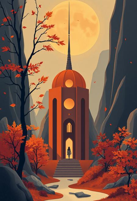 A whimsical illustration in warm autumn colors with a surreal minimalist aesthetic.  Geometric abstraction and architectural precision, combined with clean lines and intricate detailing. Atmospheric lighting and dynamic contrasts create a cinematic mood with a futuristic design and dreamlike storytelling.