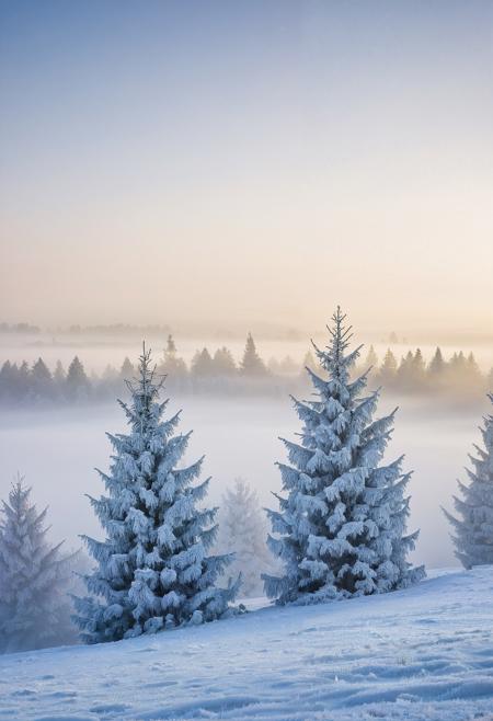 winter landscape with christmas trees frost covered with fog and snow, in the style of zeiss batis 18mm f/2.8, franz sedlacek, tomek setowski