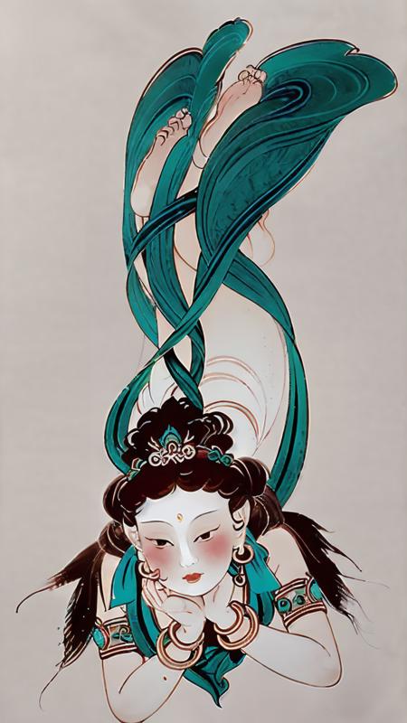 Duohuan,flying_Apsaras_down,1girl,(illustration:1.1),(bestquality),(masterpiece:1.1),soft portrait shot 8 k,jewelry,solo,barefoot,white background,bracelet,brown hair,simple background,long hair,hair bun,
<lora:Dunhuang V2.0:1>,