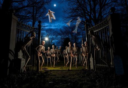 The cemetery gates creak open as the night falls on Halloween. Zombies, with their rotting flesh and vacant eyes, claw their way out of the graves. Their moans echo through the still air. Skeletons, rattling their bones, rise up and start to form a macabre parade. Some are missing limbs but still move with an eerie grace. Ghostly figures float above, their transparent forms adding to the horror. A mummy, wrapped in tattered bandages, shuffles forward, and a werewolf howls in the distance, as if announcing the return of all these undead beings to the world of the living.