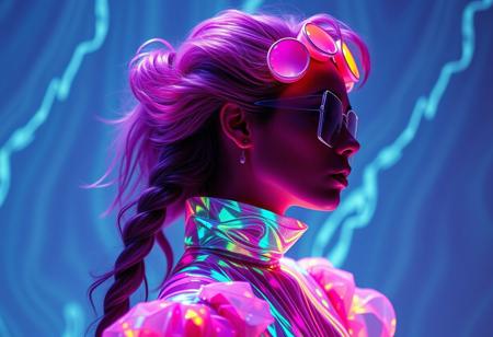 model , crystallisation, schizophernia, bioluminescent Jem the Hologram, surreal psychedelic flowing avant-garde art by Yoh Nagao and Erik Madigan Heck and Alan Aldridge, 1980's new wave totally radical fashion.,side view, side eye,