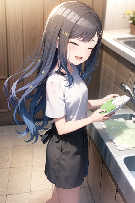 <lora:Anv2-07:0.7> , shian, 1girl, solo, long hair, smile, open mouth, shirt, black hair, hair ornament, blue hair, closed eyes, white shirt, short sleeves, hairclip, indoors, star (symbol), apron, star hair ornament, kitchen, soap bubbles, sink, sponge