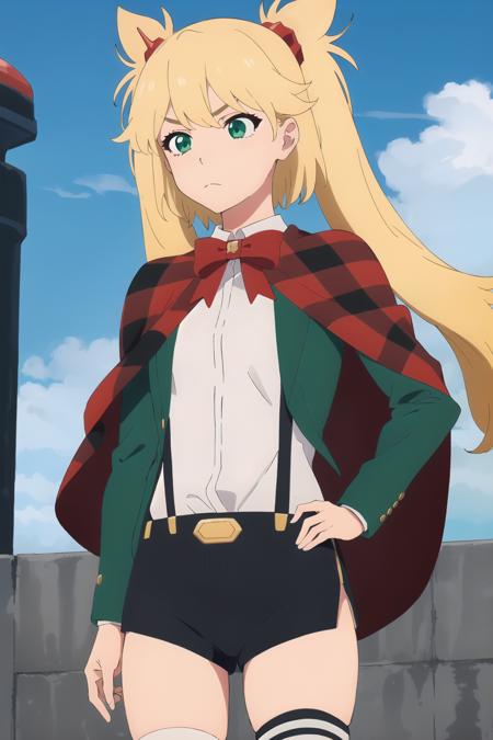 ((best quality)),((highly detailed)),masterpiece,absurdres,detailed face,beautiful face,(detailed eyes, deep eyes),1girl,((dynamic pose)),   <lora:NinnyV1:0.7>, Ninny, blonde hair, green eyes, twintails, shorts, jacket, long hair, suspender shorts, suspenders, thighhighs, shirt, looking to the side, white shirt, red bow, bow, standing, bowtie, black shorts, solo, solo focus, red bowtie, belt, capelet, hair ornament, short shorts, closed mouth, green jacket, bangs, outdoors, plaid, long sleeves, thigh strap, school uniform, looking away, cape, ribbon, frown, collared shirt, two side up, red capelet, open jacket