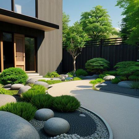 A zen garden style of a sleek modern house, small garden, backyard garden, in the morning, blue sky, photo realistic, realistic leaves, realistic trees, realistic plants, (curved garden pathway), highly detailed, high contrast, hires, 4k, 8k, raw photo, masterpiece