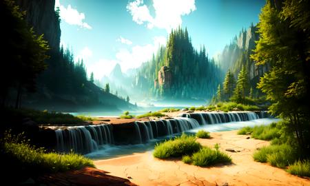 a photo of photorealistic environment with rocks, trees, rocks and water, and clouds in the skly, tk_env , highly detailed,award winning image, 16k