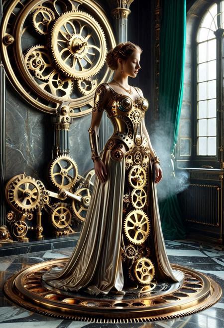 Concept: elegant, intricate, clockwork, feminine, gears, metallic, graceful, precise, captivating, complex.
Core Elements: g3ars, made out of gears, clockwork, automaton, intricate mechanisms, moving parts, articulated joints.
Atmosphere/Mood: majestic, timeless, sophisticated, mysterious, silent, poised, ancient, steampunk, artistic, ethereal.
Setting Details: grand ballroom (abandoned), ornate workshop, cosmic observatory, polished marble floor, dusty velvet drapes, glowing cogs, steam vents (subtle), intricate pipework, celestial projections.
Central Figure Details: female figure, slender, entirely made of gears, visible cogs, rotating mechanisms, polished brass, gleaming steel, intricate lace-like patterns, graceful pose, flowing "garments", delicate hands, intricate facial features.
Lighting: golden glow, brass reflections, subtle internal light, sharp contrasts, deep shadows, localized light (from vents/eyes), diffused light, warm light, cool metallic sheen, iridescent highlights, subtle rainbow reflections.
Composition: centered figure, eye-level shot, wide shot, leading lines, dramatic framing, close-up details.
Color Palette: dominant brass, copper, polished steel, dark iron, bronze; subtle accents of glowing emerald green, sapphire blue, ruby red, amethyst purple. 
Quality: photorealistic, ultra detailed, intricate mechanisms, cinematic atmosphere, moody, visually striking, hyperrealistic, steampunk aesthetic, art.
