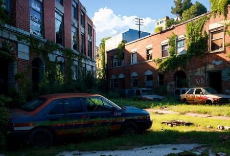 Concept art, apocalyptic wasteland, hand-drawn drawing, thick paint, hand-painted texture, low saturation, ground vehicle, scenery, no humans, grass, motor vehicle, car, outdoors, window, overgrown, broken window, building, ruins, plant, day, tree<lora:Doomsday wasteland:0.8>