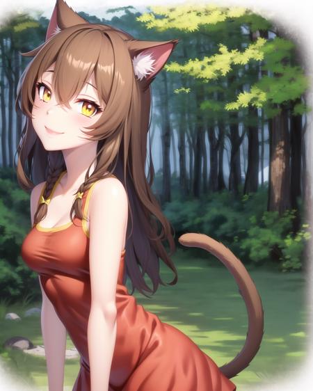 YVAO, 1girl, smile, animal ears, braid, brown hair, cat ears, hair between eyes, long hair, looking at viewer, medium breasts, solo, tail, yellow eyes, red dress, cat girl, cat ears, outdoors, forest, night