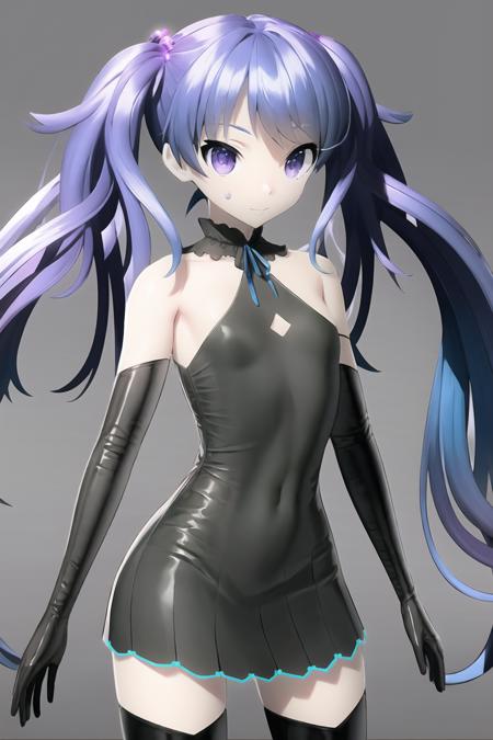 1girl,solo,full body,looking at viewer,long hair,twintails,black dress,neck ribbon,elbow gloves,black black gloves,black thighhighs,blue hair,purple hair,purple eyes,simple background,white background,front view,<lora:GhostRule_v1.1:0.8>,, masterpiece,best quality,highres,ultra high res,(abstract art:1.2),2d,(highlydetailed),(colorful),(intenseexpression),(fashionable),