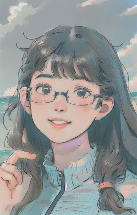 (best quality:1.4), (ultra highres:1.2), (photorealistic:1.4), (8k, RAW photo:1.2),(portrait shot:1.3), creamnoeyy_, 1girl, solo, long hair, black hair, smile, arm up, glasses, round eyewear, ocean, cloud, <lora:creamnoeyy_-000008:0.7>
 <lora:VividColorDetail_v1:1>