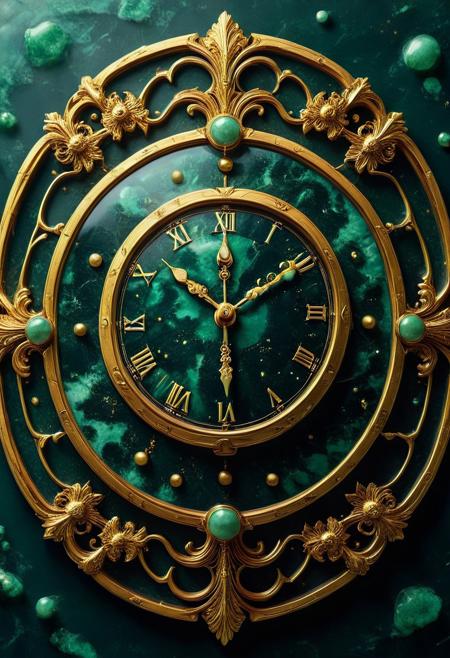 made from jade and obsidian, jade, obsidian,score_9, score_8_up, score_7_up, expensive looking, clock, golden clockhandsб golden metal pattern (mtlartCE_style)