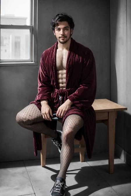 Dewey Finn,  (masterpiece,  best quality,  ultra-detailed,  highres), solo,  1boy,  male focus,  facial hair,  black hair,  beard,  pantyhose,  bathrobe,  fishnets,  shoes,  looking at viewer,  chair,  official art,  masterpiece,  extreme light and shadow,  rim lighting,  film quality, <lora:EMS-47352-EMS:0.600000>