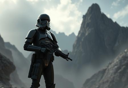 Star Wars epic Fire Trooper in black/gray armor, epic stance, hand on hip, holding blaster rifle, against dark War Rock Mountain. Cinematic matte painting, dramatic lighting, intense atmosphere. Hyper-detailed, 4K Octane Render, Unreal Engine 5. Impeccable composition, sharp details, trending on Artstation, CGSociety.