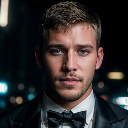 face portrait of bradleyj person using a tuxedo, in blade runner, professional photography, high resolution, 4k, detailed photo,  <lora:bradleyj_46350:1>