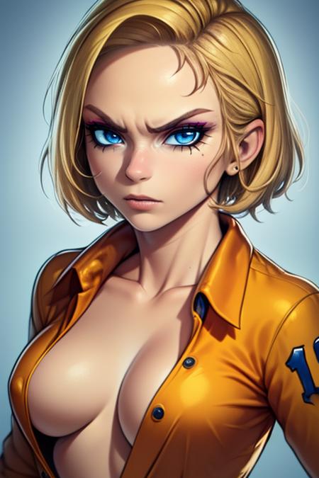 TheConvict, short blonde hair, blue eyes, upper body, solo, serious,  
Orange Jumpsuit with number 10, no bra, dungeon, 
(insanely detailed, beautiful detailed face, masterpiece, beautiful detailed eyes, best quality)
 <lora:TheConvict-10 v3:0.8>