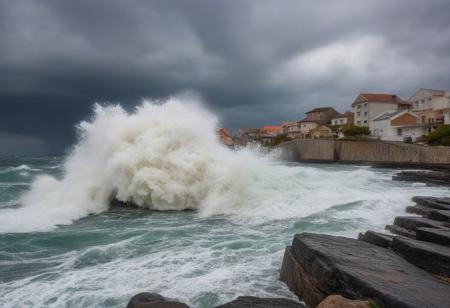 very realistic photography of the raging sea hitting a large rock creating a big splash near a village of houses with diverse colors, cloudy sky background