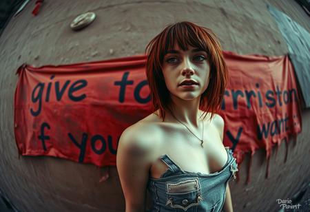 “A portrait of a slim punk woman wearing a torn and edgy top, leaning against a wall, depicted in muted colors with predominantly red tones. The image features a cinematic style using a prime 12mm fisheye lens, giving a distorted perspective. The scene has a gritty, ‘rotten cinema’ aesthetic with noticeable lens artifacts like scratches and grime. A decayed, punk-style banner with the text ‘give Buzz to Morrison if you want :)’ hangs in the background, blending with the edgy, chaotic atmosphere. Styled in a blend of Dario paint and NijiEX techniques.”