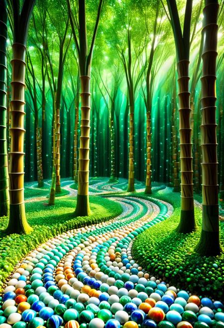 (((reality-shot, realism, realistic photography of an enchanted forest where trees are made of stacked marbles, trunks spiraling upward in helical patterns of translucent glass, leaves shimmering as if alive with internal light sources, pathways lined with glowing marble pebbles, mystical art style, emerald-green theme, intricate details, ultra sharp, exquisite detail, flawless composition, vivid colors, masterpiece, dreamlike wonder lora:marbles_world:1 )))
