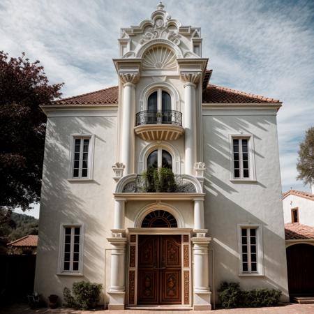 RAW photo, exterior house in baroque architectural style, (high detailed skin:1.2), 8k uhd, dslr, soft lighting, high quality, film grain, Fujifilm XT3  <lora:classical_architecture_style:0.6>