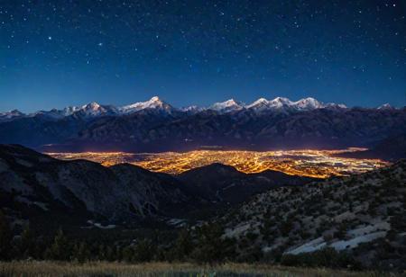 ep1cl@nd$c@pe, city lights in the distance, mountain range, evening time, starry sky