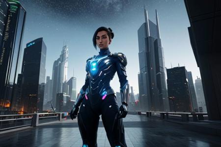 intricately detailed photograph of a gorgeous ((futuristic)) super-soldier of ambiguous ethnicity named Ava, detailed realistic eyes, detailed hair, detailed skin, wearing (sleek high-tech:1.1) power armor, appealing, eye-catching, aesthetic, (stunning shiny (advanced) outdoor nighttime future city:1.1), incredible metal buildings, impossibly tall ultramodern skyscrapers, full moon, stars, (amazing background:1.2), (vibrant colors), 8K, UHD, HDR, ultra-hd, cinematic, volumetric, dramatic, epic, realistic, breathtaking, impressive, high quality, best quality, masterpiece, (((anime))), (((cartoon))), (unreal engine 5), (raytracing)