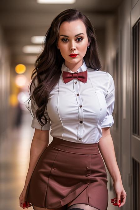 photo of a woman, sydneyw, ((dark brown hair)), ((shirt, bowtie, skirt, thighhighs, walking):1.1), ((cowboy shot, waist, hips, thighs)),((hallway, lockers)), ((red lipstick, makeup)), (smile), ((best quality, masterpiece, extreme details, high resolution):1.2),((detailed eyes, beautiful eyes, detailed face, beautiful face):1.2)