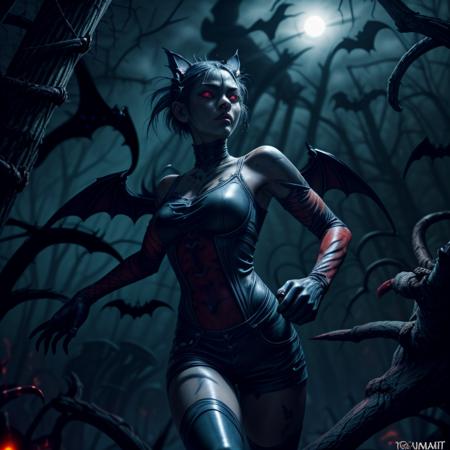 (vampire cat girl:1.2),   (insect wings:1.2), running pose, dynamic, (glowing cat eyes:1.4), small breasts,sweating, tall and muscular, dark moody lighting, blood dripping from mouth, evil glow, moonlit forest, (alien mushrooms:1.1), short  hair, (blackout tattoo on neck:1.3), arm sleeve tattoo, dead trees, (thorns sticking out of skin:1.2), (swarm of bats:1.3) , <lora:ClothingAdjuster3:-.9>