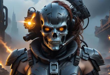 JuggernautNegative, <lora:xl_yamer_style-2.0:1>"Create a close-up 4K highly detailed digital artwork featuring a mystical post-apocalyptic cyborg holding a gun. Blend elements of cyberpunk dark fantasy with epic sci-fi character art, drawing inspiration from Borderlands for detailed renderings. The artwork should evoke an edgy, advanced cyberpunk aesthetic, showcasing a cyberpunk skeleton in a sci-fi adventure setting. Focus on intricate details and vivid colors to create an epic and visually striking 4K digital art piece."