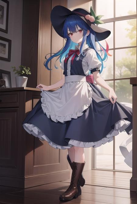 tenshi hinanawi, long hair, bangs, (red eyes:1.5), blue hair, skirt, shirt, hat, bow, white shirt, short sleeves, boots, frills, food, puffy sleeves, bowtie, apron, puffy short sleeves, blue skirt, black headwear, fruit, leaf, brown footwear, frilled skirt, cross-laced footwear, peach, (rainbow order:1.5),