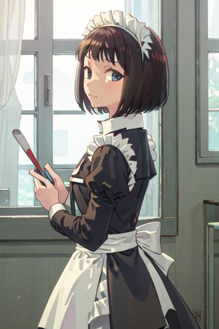 best quality, masterpiece, highres, solo, {maid:1.40}, {long maid dress:1.15}, {kanou_koyomi_yagatekimininaru:1.15}, short_hair, black_hair, closed_mouth, indoors, brown_hair, blue_eyes, black_eyes