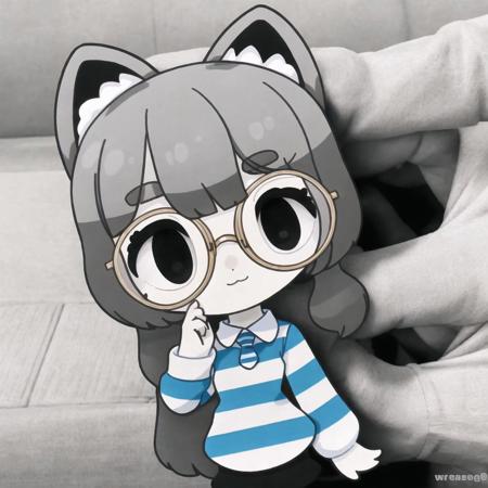 <lora:wasu:1>, pepako, person holding a paper cut doll, 1girl, ?, animal ear fluff, animal ears, bangs, closed mouth, collared shirt, diagonal-striped neckwear, diagonal stripes, ear piercing, eyebrows visible through hair, eyewear removed, glasses, greyscale, hair between eyes, hands up, highres, holding, holding eyewear, jacket, long hair, long sleeves, monochrome, necktie, open clothes, open jacket, piercing, ponytail, shirt, simple background, solo, striped, white background