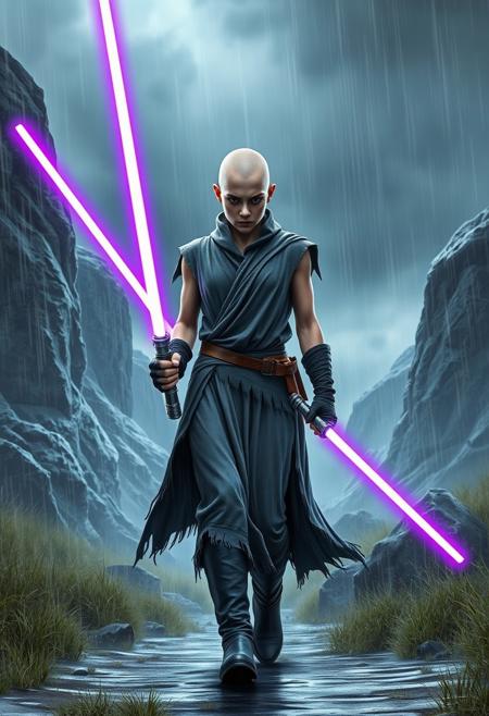 a centered below shot high detailed digital art illustration of a jedi knight in a walking pose holding with 2 purple light-sabers, wearing grey ripped dirty jedi tunic dripping with no sleeves and bare-arms,  looking at viewer with angry face, bald young girl, black gloves. volumetric light from above, rim lighting,
the background is a foreign planet with giant rocks,
high grass in the wind, rain, storm, rainy day with dark clouds
