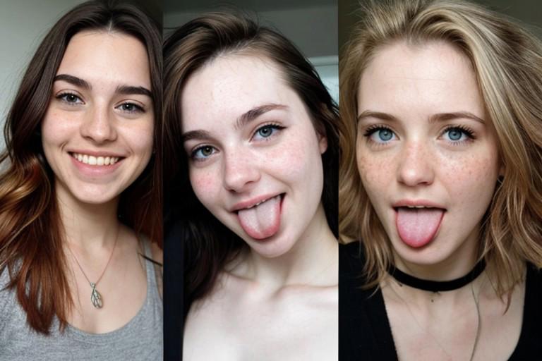 reddit,r/18_19, r/Gonewild18, bad aesthetic photo of three beautiful women, (hair color:1.2), smiling, detailed face, night, dark, focus lighting,face close-up ,black background, looking at viewer and facing viewer,tongue out,tongue,(freckles,acne:0.8), moles on their face
bathroom background ,tile wall, elfie