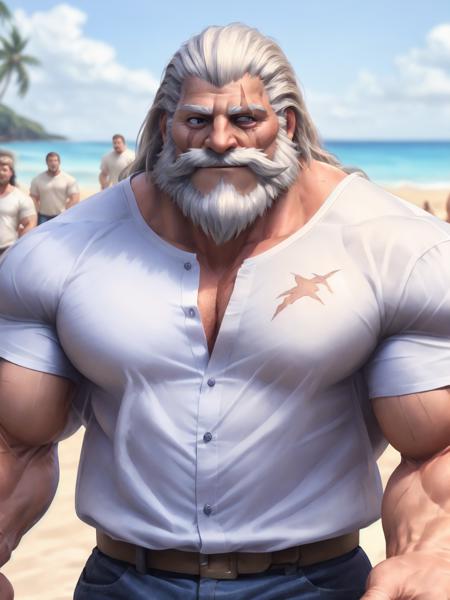 only upper body,Best quality,masterpiece,4k,8k,highly detailed,detailed face,realistic proportions,sharp focus,male focus,musclar bodybuilder,<lora:reinhardt:0.8>,human,reinhardt,scar across eye,facial hair,long beard,long hair,Wearing short sleeves,walking on the beach,smiling,(shirts:1.5),walk on the beach,smile.,<lora:bulkedupAIHugeMuscles_bulkedupAIR15:0.2>,