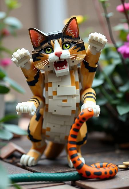 masterpiece, best quality, A humorous depiction of an absurd cat made of Lego, struggling with her legs, her eyes pop out, and jumping up like an idiot, astounded by a hose made of Lego in the garden that she mistakenly for a snake.