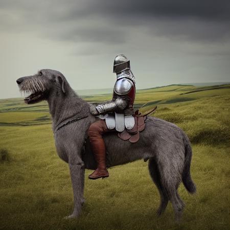 <lora:IWolf:1>, (8k, RAW photo, best quality, masterpiece:1.2), (realistic, photo-realistic:1.37), octane render, ultra high res, ultra-detailed, knight in armor, on horseback with Irish_wolfhound dog, in front of a medieval castle