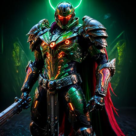 (Anime cyberpunk style) depiction of An Avenging Archangel, (highly detailed) features with intricate jet black warhammer armor with RED LED glowing accents, amidst a dark background, creating a striking contrast. The ambiance is intense and dramatic, infused with neon colors of blues and greens, highlighting his powerful presence, evoking wonder and awe. (HD), ultra-detailed, captivating composition.