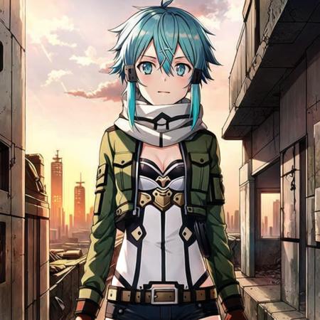 Sinon, 1girl, best quality, masterpiece, best quality, short hair with long locks, rocky climate, (post-apocalyptic city:1.3), (cleavage)