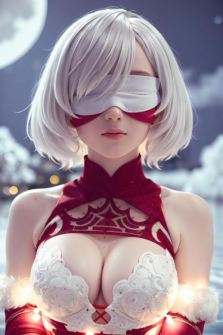 1girl,(blindfold:1.2),breasts,closed mouth,looking at viewer,portrait,solo,upper body,white hair,white theme,short hair,silver hai,<lora:lbc_hongzhuang_2B:0.6>,beautiful detailed glow,detailed ice,beautiful detailed water,(cold full moon),snowflake,(floating cloud:1.2),